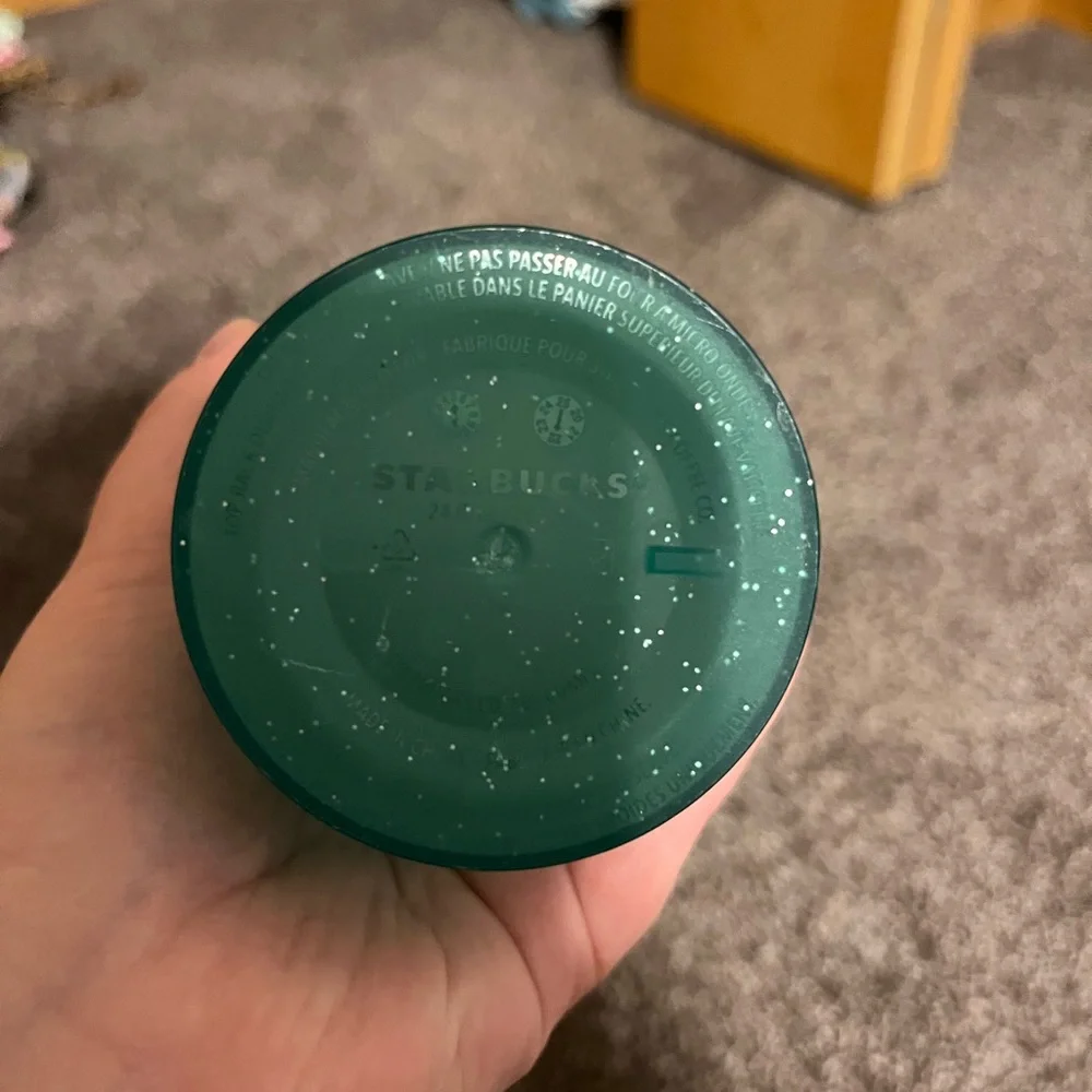 Starbucks 24oz Poinsettia Green Holiday Glitter Tumbler with Lid and Straw
